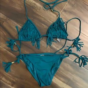 Two piece teal fringe bikini